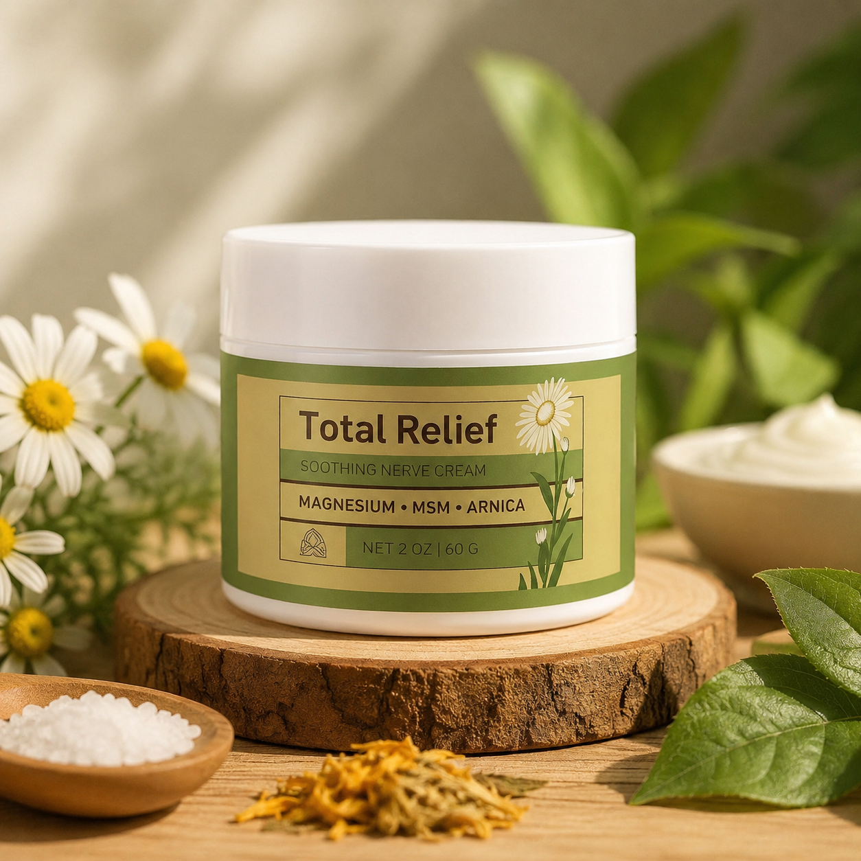 Total Relief Magnesium Cream jar on a wood surface with chamomile flowers