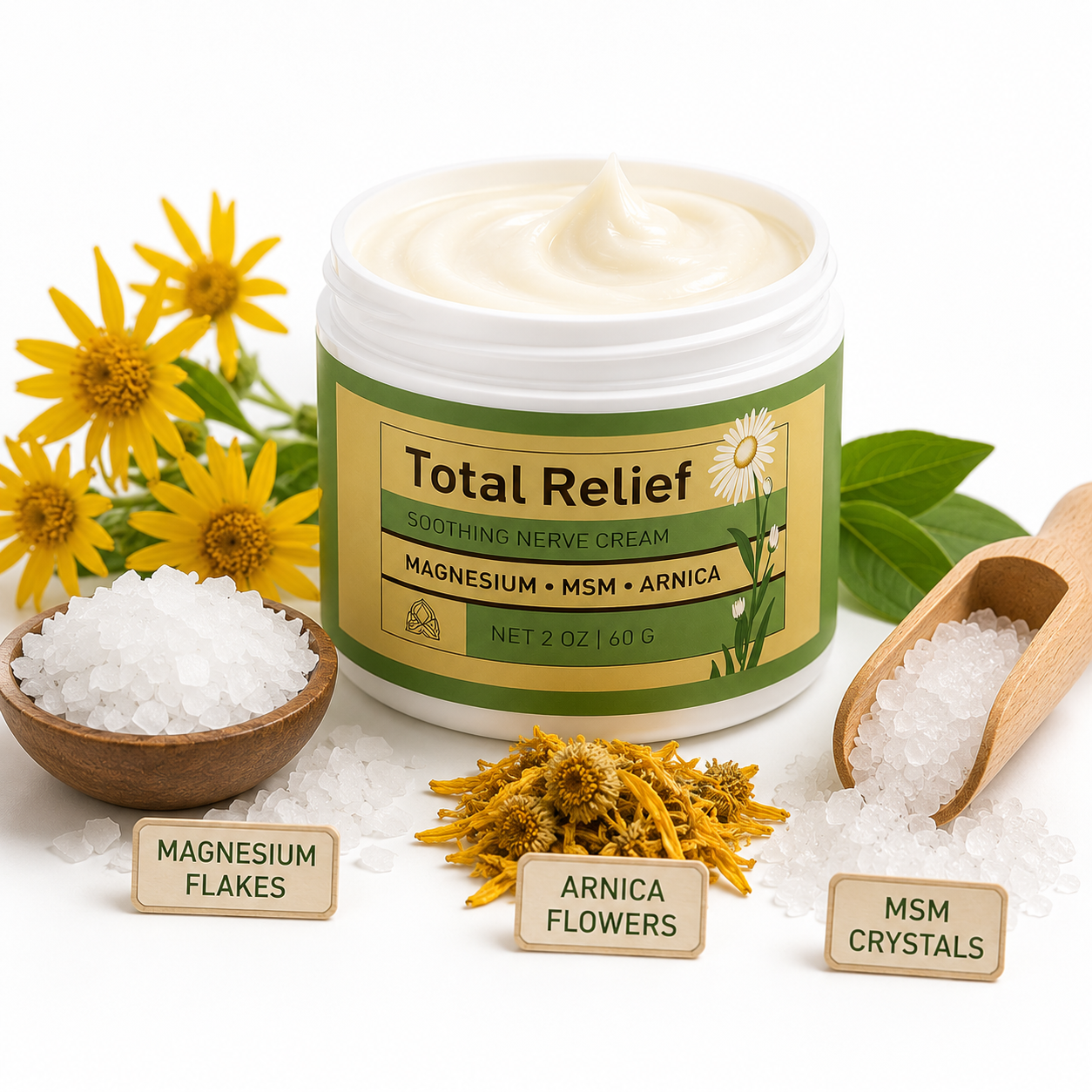 Total Relief Magnesium Cream with magnesium flakes, arnica flowers, and MSM crystals